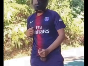 Gay biker enjoys public solo pleasure while in his football uniform
